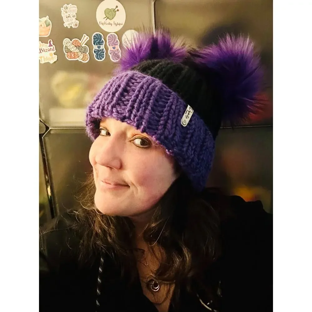 Hand Knit Beanie with Double Faux Fur Poms - Adult Winter Hat